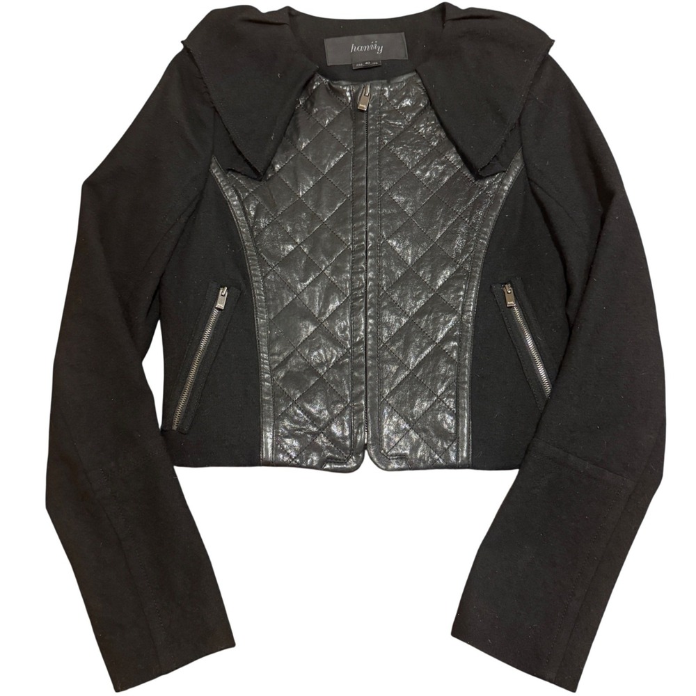 Hanii‎ Y Black Quilted Leather Panel & Wool Cropped Whimsigoth Jacket 40 Runs Sm